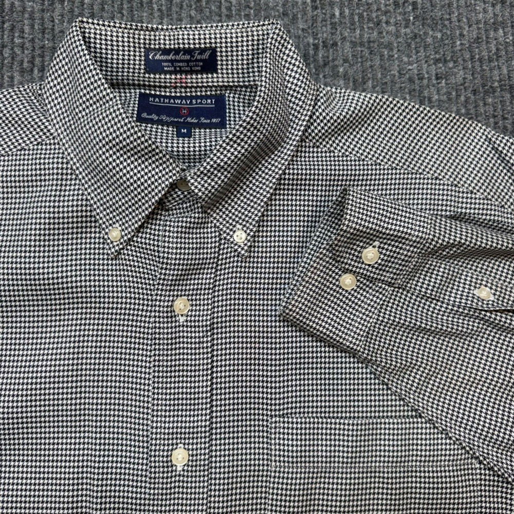 Hathaway Sport Chamberlain Twill Shirt Mens M Black Houndstooth Button Down